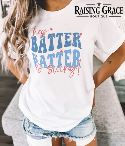 Hey Batter Batter Swing Graphic T-Shirt | Baseball Mom Tee | Funny Baseball Shirt | Boutique Sports Graphic Tee | Game Day Baseball Shirt
