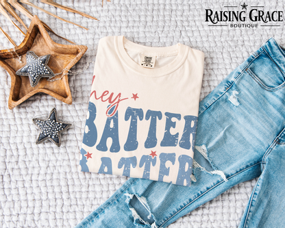 Hey Batter Batter Swing Graphic T-Shirt | Baseball Mom Tee | Funny Baseball Shirt | Boutique Sports Graphic Tee | Game Day Baseball Shirt