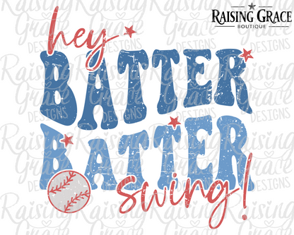 Hey Batter Batter Swing Graphic T-Shirt | Baseball Mom Tee | Funny Baseball Shirt | Boutique Sports Graphic Tee | Game Day Baseball Shirt