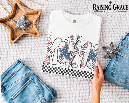 Baseball Mom Graphic T-Shirt | Sports Mom Tee | Checkered Baseball Shirt | Boutique Mama Graphic Tee | Game Day Baseball Tee