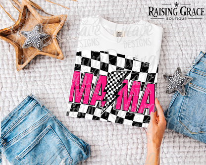 Pink Checkered Mama Graphic T-Shirt | Trendy Mama Tee | Lightning Bolt Graphic Tee | Boutique Mom Shirt | Retro Mama Tee
