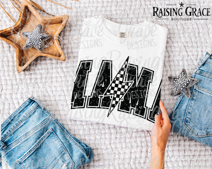 Checkered Mama Graphic T-Shirt | Retro Mama Tee | Lightning Bolt Mom Shirt | Boutique Mama Graphic Tee | Trendy Mom Shirt