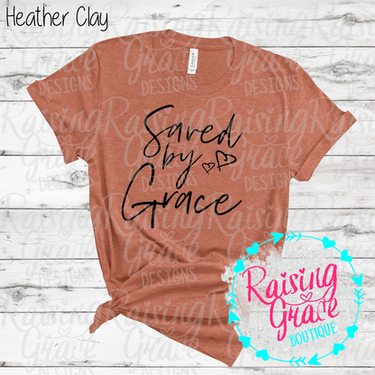 Saved By Grace Graphic T-Shirt | Faith Based Graphic Tee | Christian Inspirational Shirt | Boutique Faith Tee | Scripture Inspired Shirt