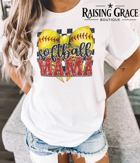 Softball Mama - Adult T-Shirt - Comfort Colors - (faux "glitter" - red and black sequins)