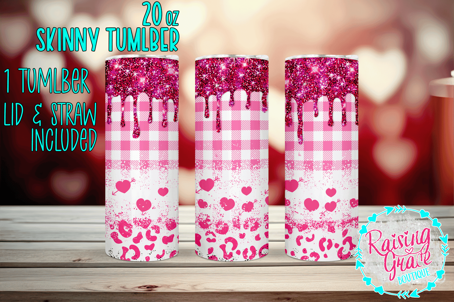 20 oz - Skinny Tumbler - Pink and White - Drip - Checkerboard - Hearts - Leopard