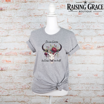 Do No Harm But Take No Bull Graphic T-Shirt | Western Boho Tee | Cowgirl Graphic Shirt | Boutique Western Tee | Floral Skull Shirt