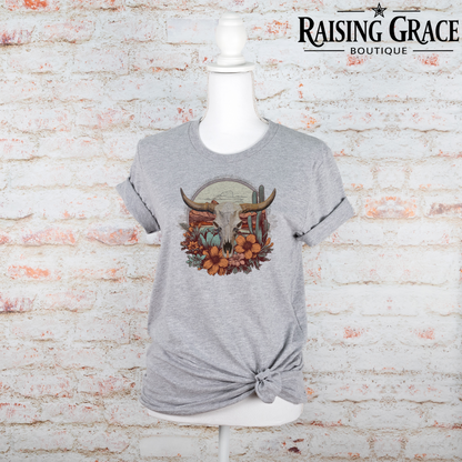 Western Skull Floral Graphic T-Shirt | Cowgirl Graphic Tee | Desert Western Shirt | Boutique Western Tee | Boho Cowgirl Shirt
