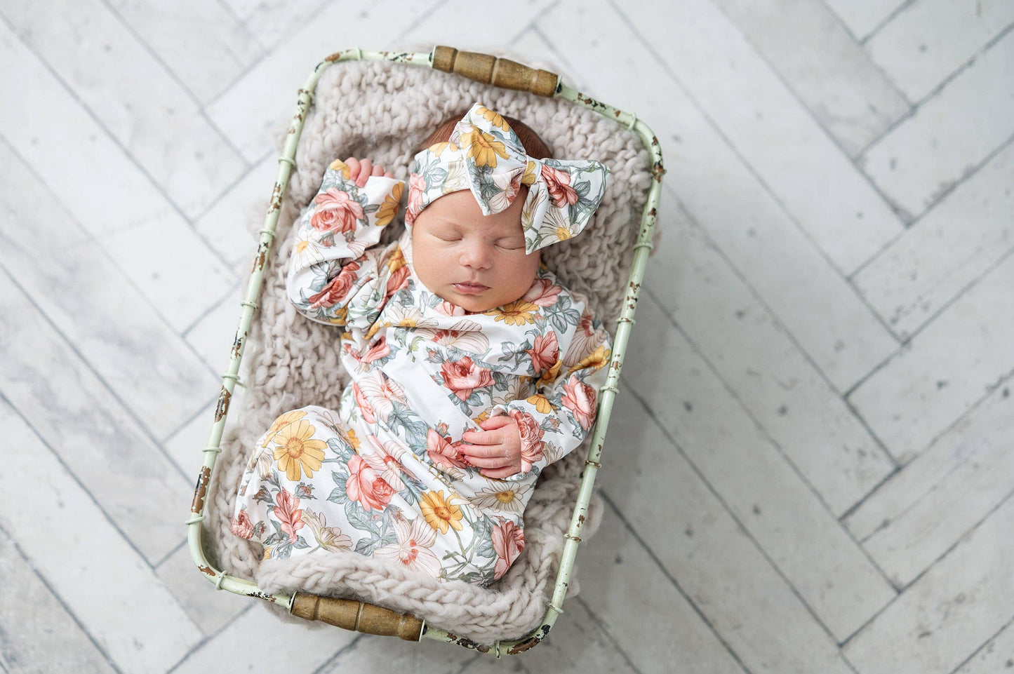 Infant Girls Botanical Ecru Baby Gown and Bow Headband Set: 0-3 Months