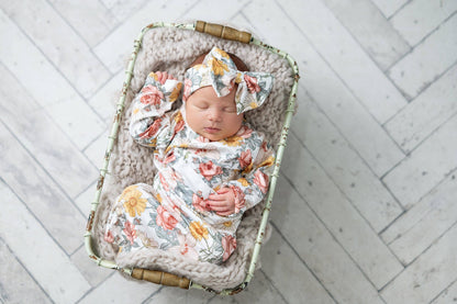 Infant Girls Botanical Ecru Baby Gown and Bow Headband Set: 0-3 Months