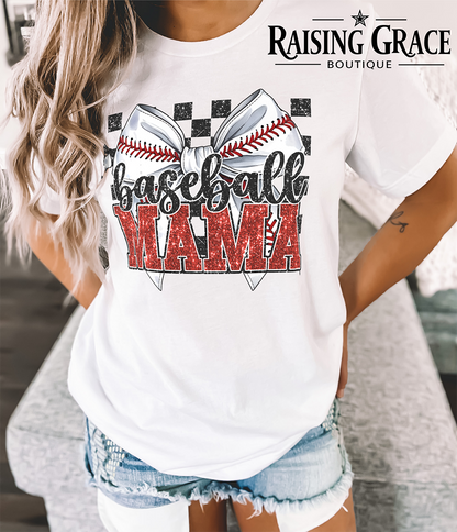 Baseball Mama - Faux Glitter - Bow Graphic T-Shirt | Checkered Baseball Tee | Sports Mom Shirt | Boutique Baseball Graphic Tee | Game Day Shirt