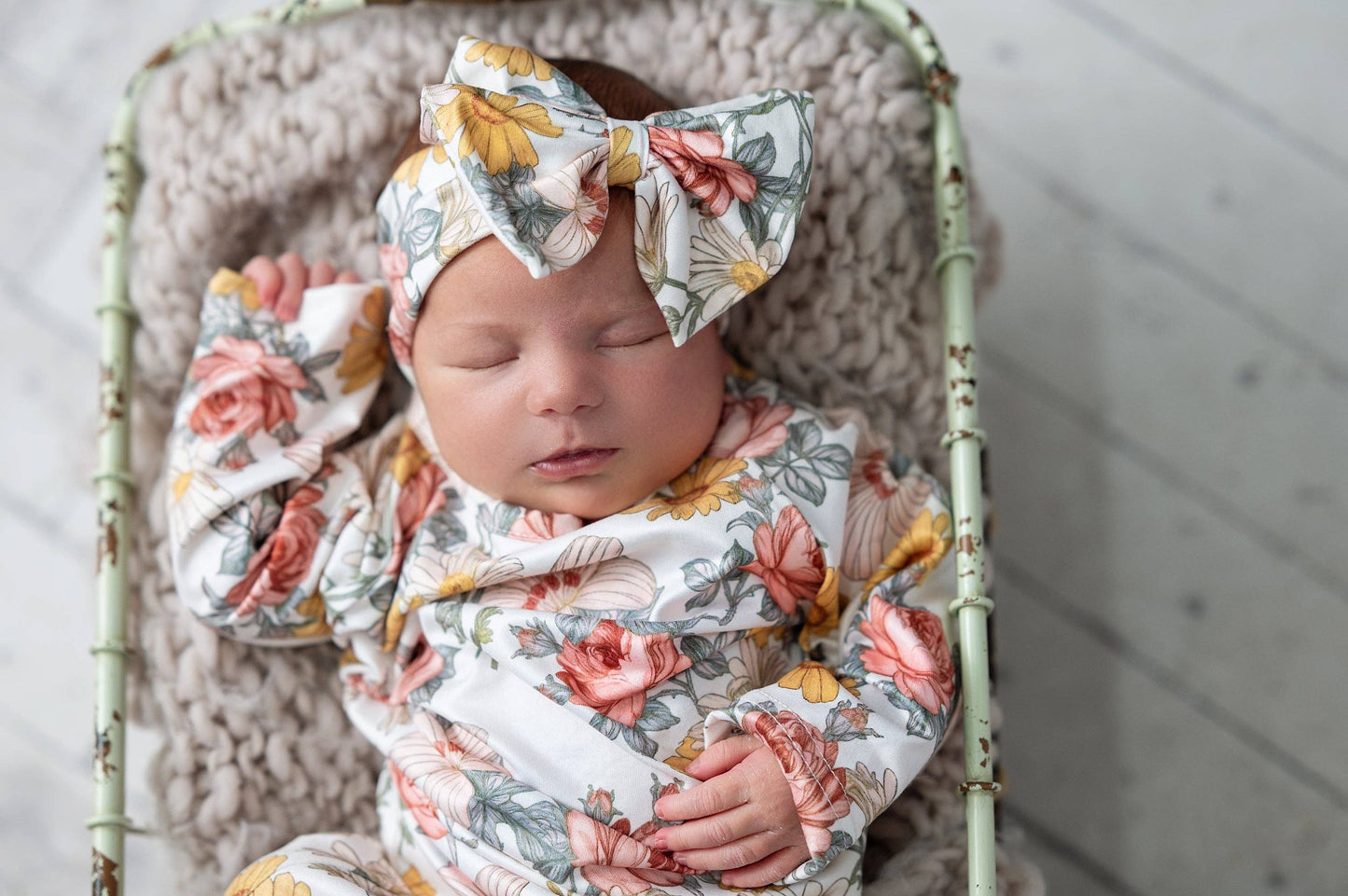 Infant Girls Botanical Ecru Baby Gown and Bow Headband Set: 0-3 Months