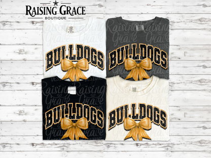 Bulldogs With Gold Coquette Bow T-Shirt | Comfort Colors Adult Spirit Tee