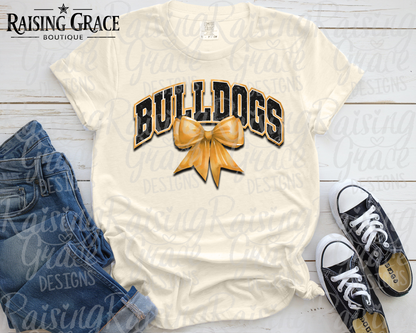 Bulldogs With Gold Coquette Bow T-Shirt | Comfort Colors Adult Spirit Tee