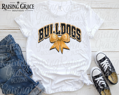 Bulldogs With Gold Coquette Bow T-Shirt | Comfort Colors Adult Spirit Tee