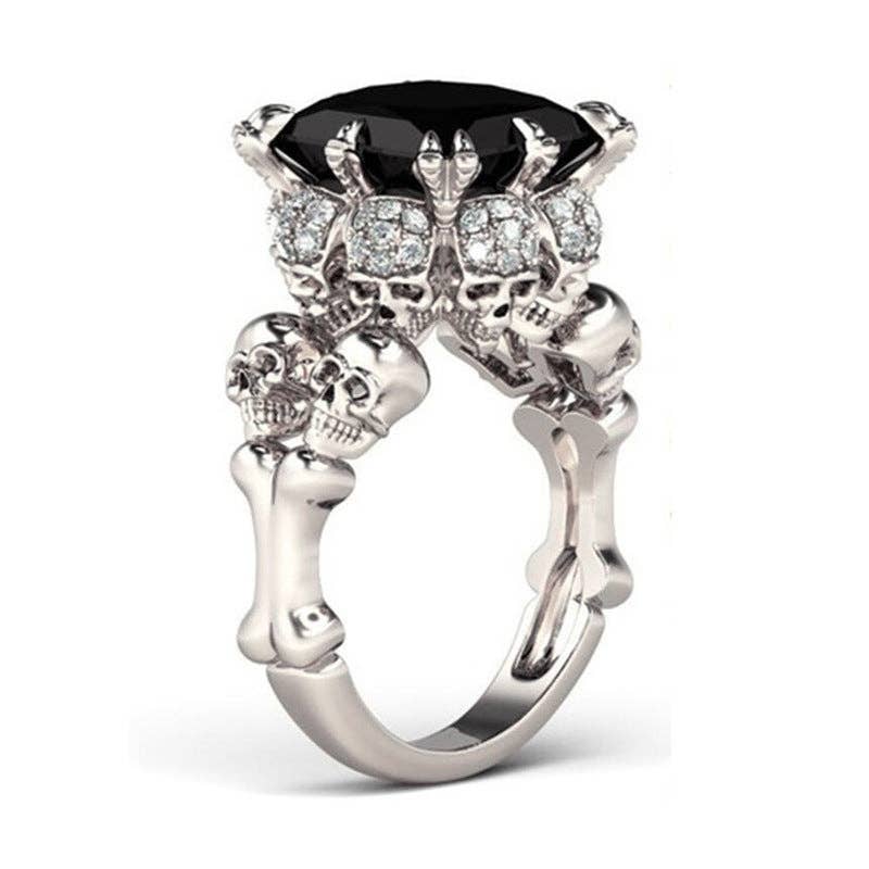 Skulls Rhinestone Square Zircon Ring: Black-White / 7#