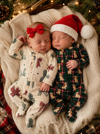 2-Way Zip Ruffle Footie, Country Christmas Bows: 0 - 3 mo.
