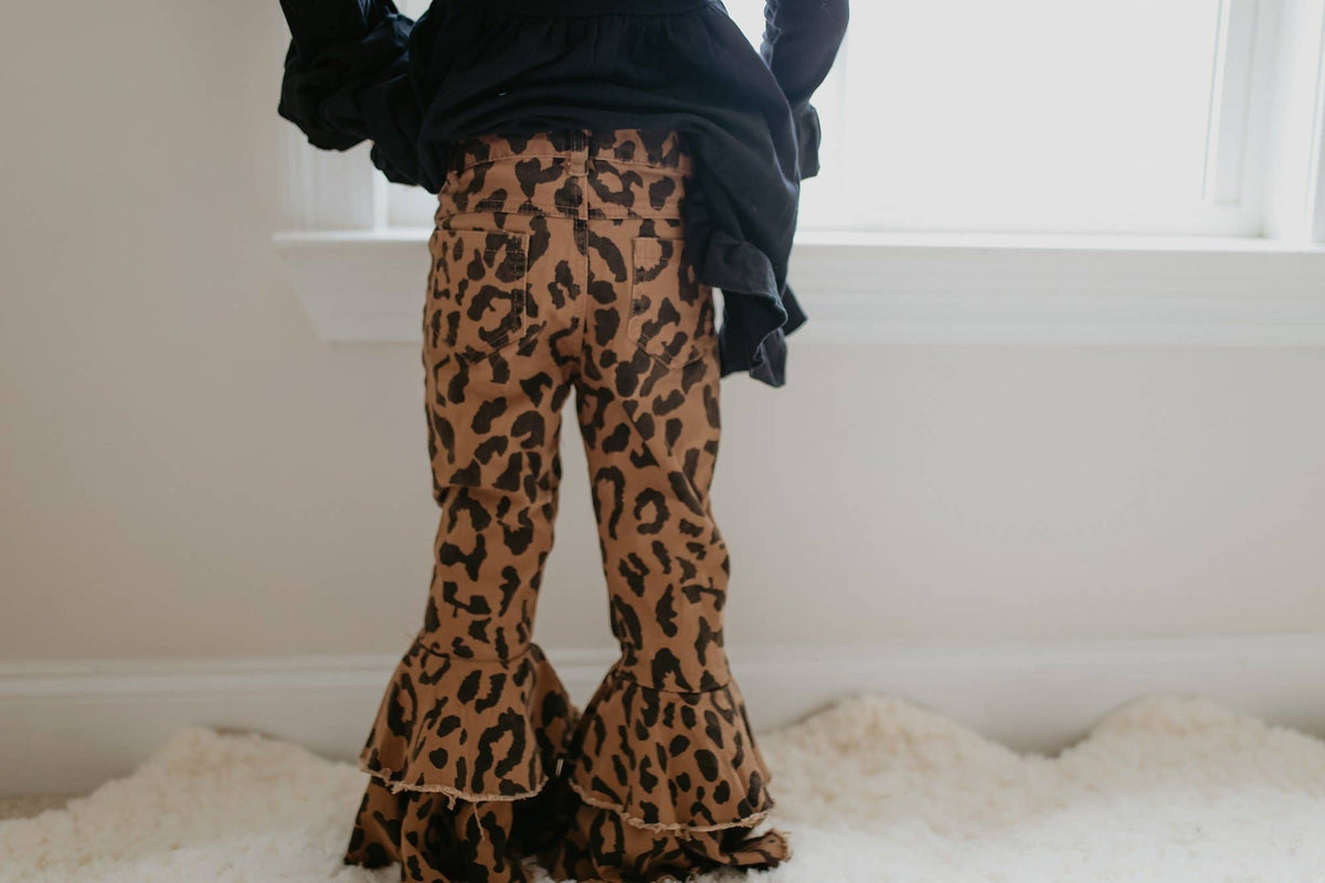 Kids Leopard Double Denim Ruffle Pant Jeans: 4