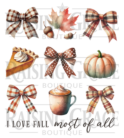Fall Graphic Tee, I Love Fall Most of All Shirt, Coquette Fall Bow T-Shirt, Pumpkin Spice Tee, Cute Autumn Shirt, Women's Fall Outfit