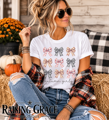Autumn Girly Shirt, Fall Bow Graphic Tee, Coquette Fall T-Shirt, Pink Gingham Bow Shirt, Cute Fall Outfit, Women's Autumn Graphic Tee