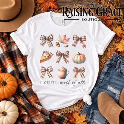 Fall Graphic Tee, I Love Fall Most of All Shirt, Coquette Fall Bow T-Shirt, Pumpkin Spice Tee, Cute Autumn Shirt, Women's Fall Outfit