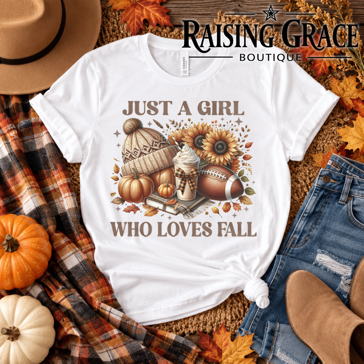 Just a Girl Who Loves Fall Shirt, Fall Graphic Tee, Football and Pumpkin Spice T-Shirt, Cozy Autumn Shirt, Sunflower Fall Tee for Women