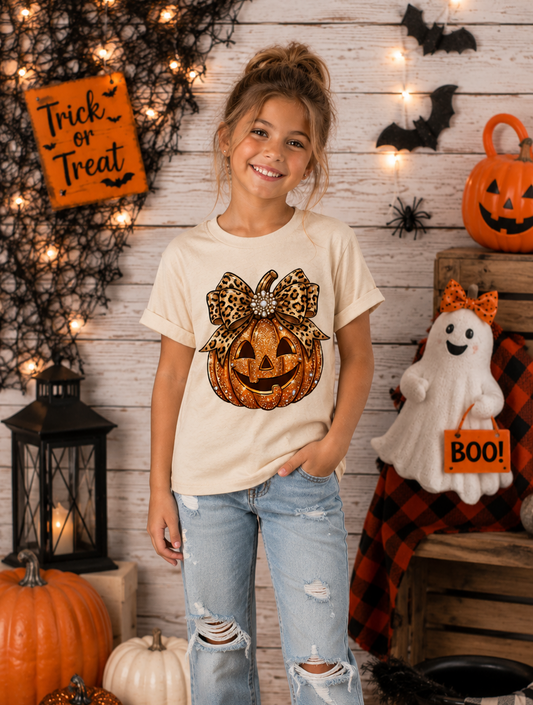 Leopard Bow Pumpkin Halloween Tee - Youth Tee