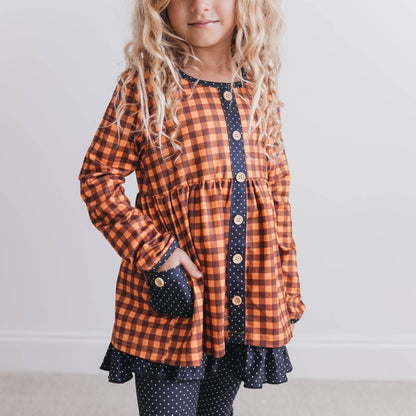 Kids Navy & Rust Gingham Check Button Pocket Pant Fall Set: 5/6