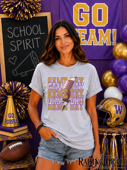 Game Day Football Graphic T-Shirt | Gold and Purple Football Tee | Sports Mom Shirt | Boutique Game Day Graphic Tee | Football Season Shirt