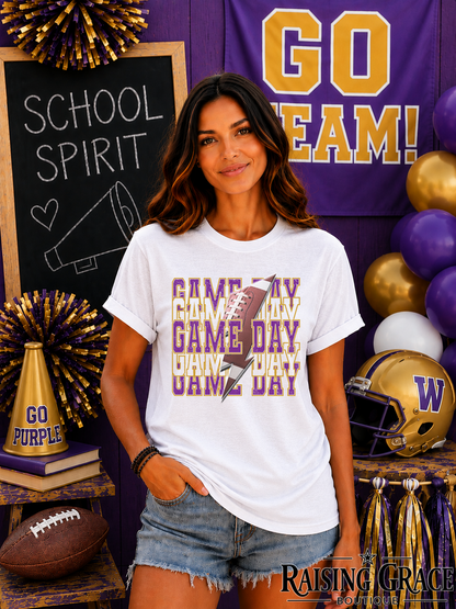 Game Day Football Graphic T-Shirt | Purple and Gold Football Tee | Sports Mom Shirt | Boutique Game Day Graphic Tee | Football Season Shirt