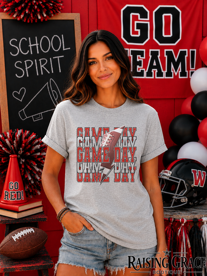Game Day Football Graphic T-Shirt | Red and Black Football Tee | Sports Mom Shirt | Boutique Game Day Graphic Tee | Football Season Shirt