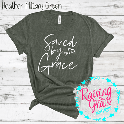 Saved By Grace Graphic T-Shirt | Faith Based Graphic Tee | Christian Inspirational Shirt | Boutique Faith Tee | Scripture Inspired Shirt