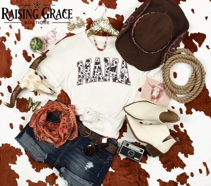 Cow Print Mama Graphic T-Shirt | Western Mama Tee | Boutique Mom Shirt | Trendy Cowgirl Graphic Tee | Everyday Mama Shirt