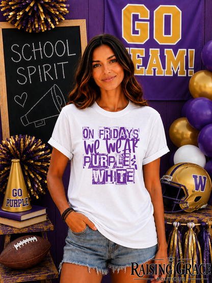 On Fridays We Wear Purple & White Tee | Adult Spirit Shirt