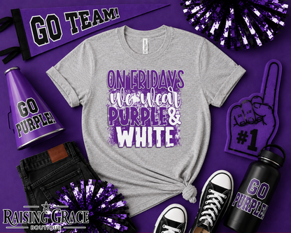 On Fridays We Wear Purple & White Faux Glitter Tee | Adult Spirit Shirt
