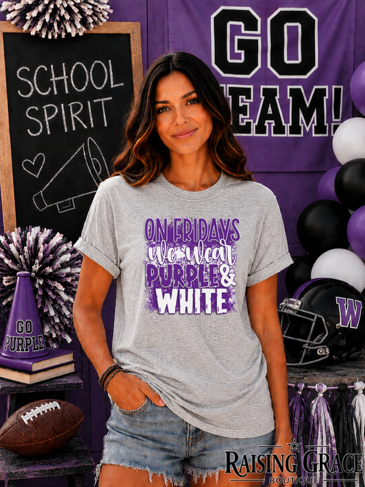 On Fridays We Wear Purple & White Faux Glitter Tee | Adult Spirit Shirt