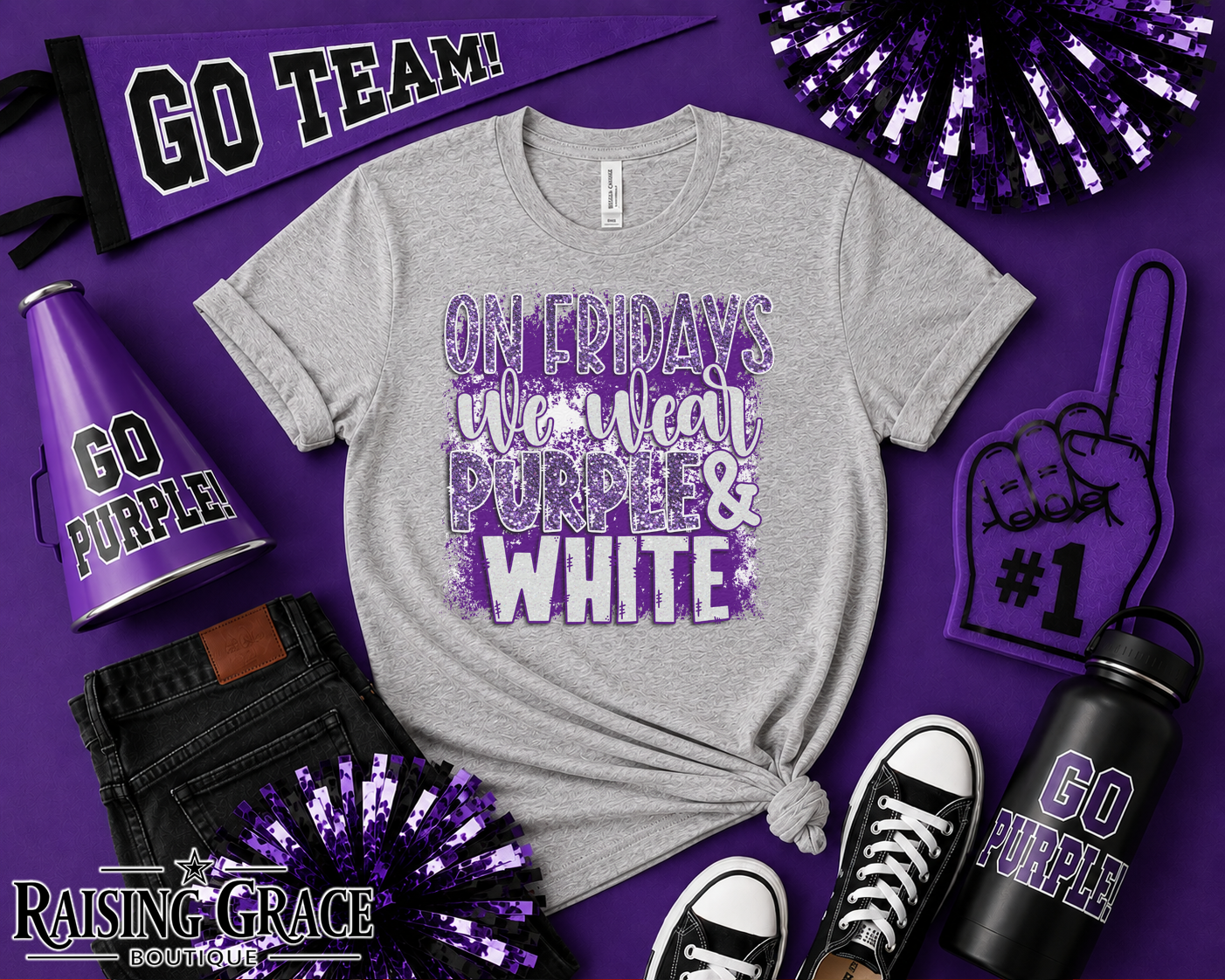On Fridays We Wear Purple & White Faux Glitter Tee | Adult Spirit Shirt