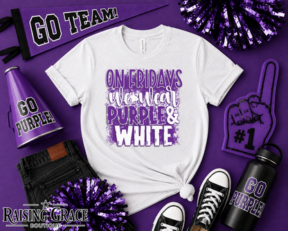 On Fridays We Wear Purple & White Faux Glitter Tee | Adult Spirit Shirt
