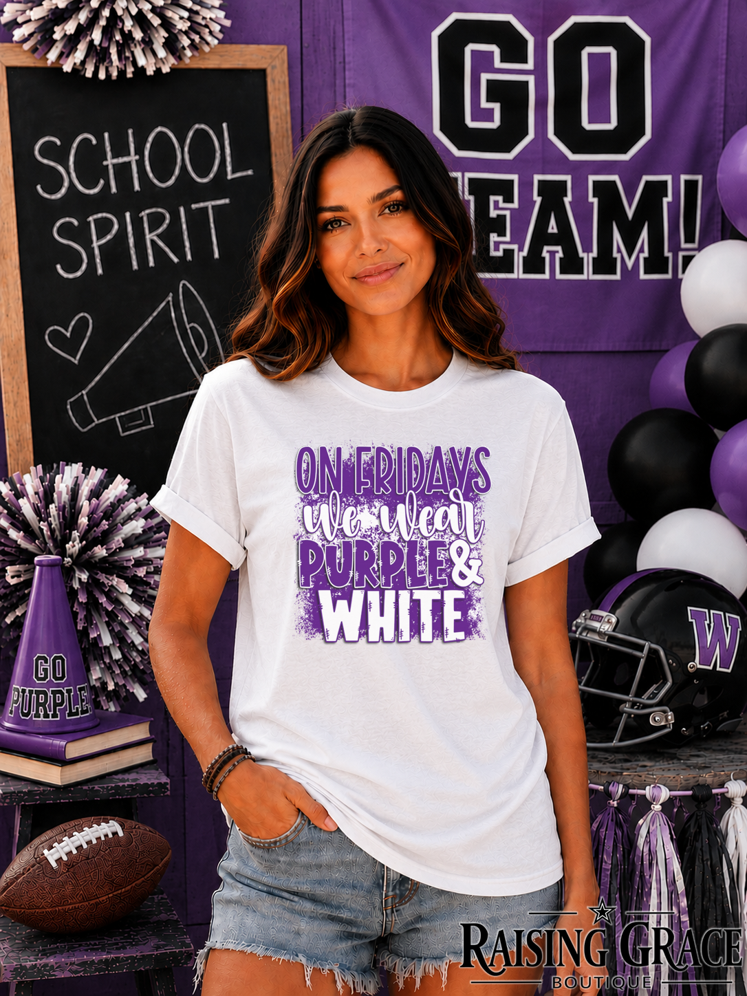 On Fridays We Wear Purple & White Faux Glitter Tee | Adult Spirit Shirt