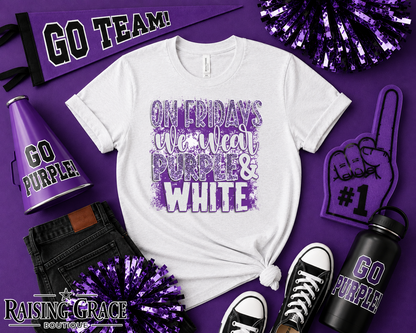 On Fridays We Wear Purple & White Faux Glitter Tee | Adult Spirit Shirt