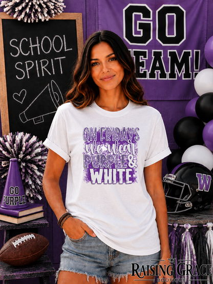 On Fridays We Wear Purple & White Faux Glitter Tee | Adult Spirit Shirt