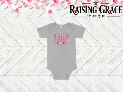 Loved — John 3:16 Valentine’s Baby Bodysuit | Faith Infant Outfit