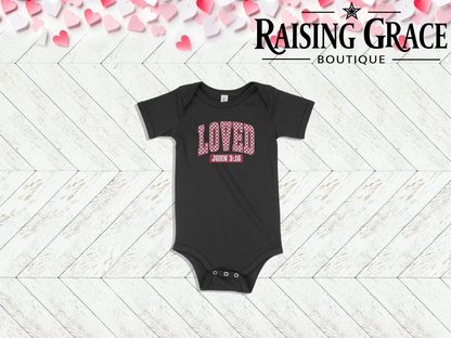 Loved — John 3:16 Valentine’s Baby Bodysuit | Faith Infant Outfit
