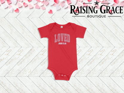 Loved — John 3:16 Valentine’s Baby Bodysuit | Faith Infant Outfit