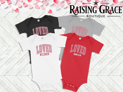 Loved — John 3:16 Valentine’s Baby Bodysuit | Faith Infant Outfit
