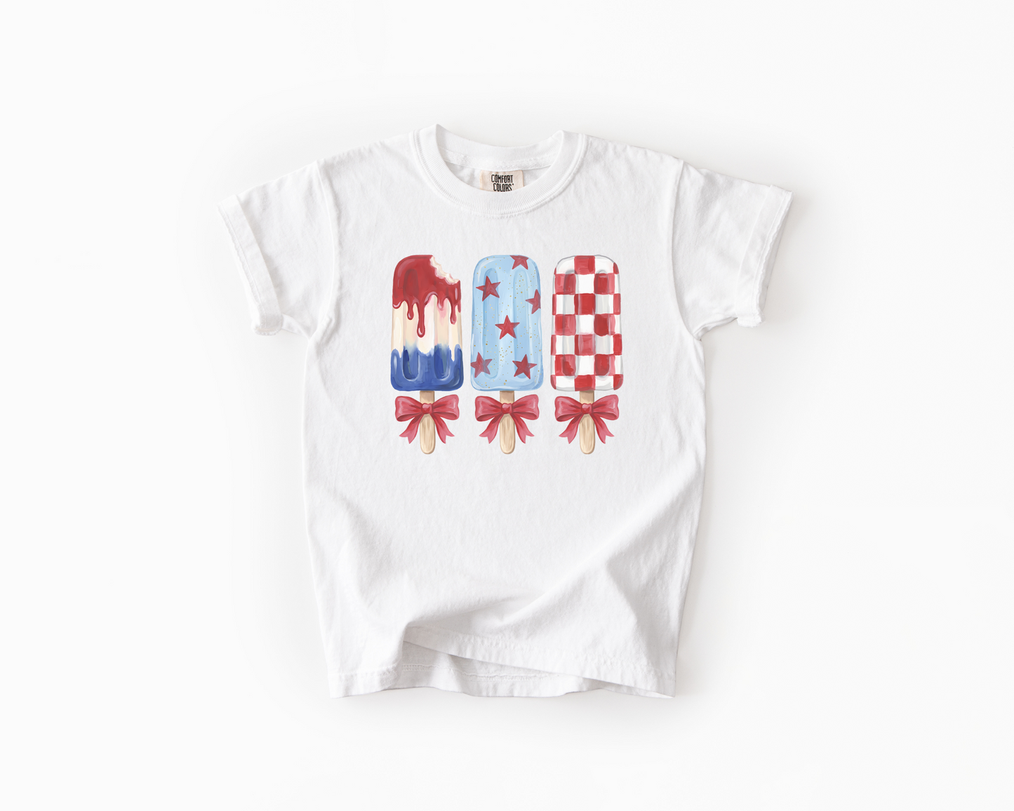 Youth Patriotic Popsicle Shirt | Girls 4th of July Tee | Red White Blue Summer Shirt | Cute Coquette Bow Graphic Tee | Kids Americana Tee
