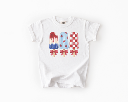 Youth Patriotic Popsicle Shirt | Girls 4th of July Tee | Red White Blue Summer Shirt | Cute Coquette Bow Graphic Tee | Kids Americana Tee
