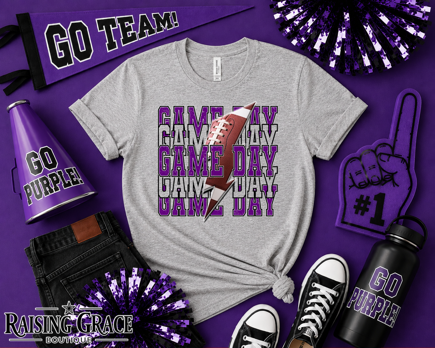 Game Day Football Graphic T-Shirt | Purple and Black Football Tee | Sports Mom Shirt | Boutique Game Day Graphic Tee | Football Season Shirt
