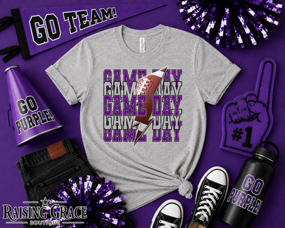 Game Day Football Graphic T-Shirt | Purple and Black Football Tee | Sports Mom Shirt | Boutique Game Day Graphic Tee | Football Season Shirt