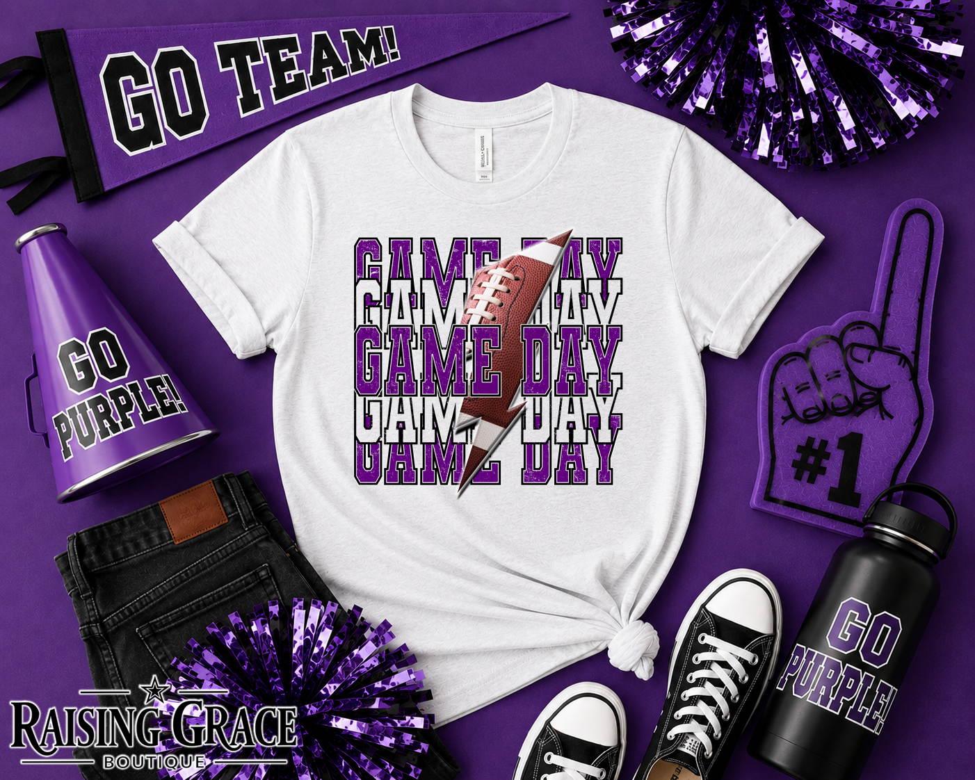 Game Day Football Graphic T-Shirt | Purple and Black Football Tee | Sports Mom Shirt | Boutique Game Day Graphic Tee | Football Season Shirt