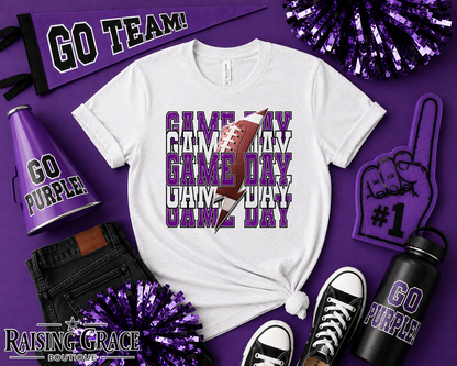 Game Day Football Graphic T-Shirt | Purple and Black Football Tee | Sports Mom Shirt | Boutique Game Day Graphic Tee | Football Season Shirt